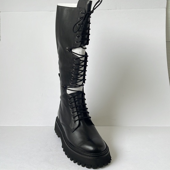 Free People Womens Miller Cut Out Lace Up Knee High Leather combat Boots Black - Picture 5 of 9